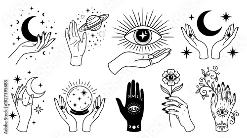 Celestial Witchy Hands Vector Art Set. Mystical Line Illustrations with Magic Eye, Moon, Stars, Planet, and Crystal Ball for Astrology & Esoteric Designs.