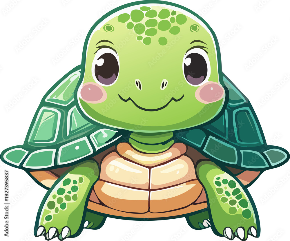 Obraz premium Cute green turtle character, chubby rounded body, pastel color palette, soft simple face with blush cheeks, tiny flower accessory on head, flat vector illustration, minimal shading, colorful doodle sp