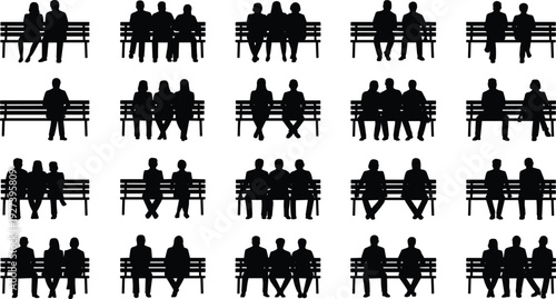 Black silhouette vector illustration of people sitting on benches in diverse postures, groups, and social interactions for lifestyle design
