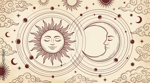 Vintage Sun and Moon Celestial Art: Mystical Astrology Illustration with Orbits, Clouds & Stars. Esoteric Spiritual Design.
