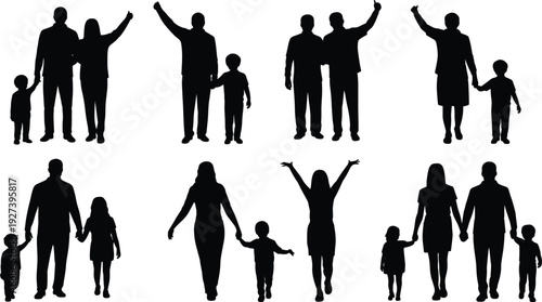 Black silhouette vector illustration showing diverse family groups with parents and children in unity, holding hands, celebrating love and connection