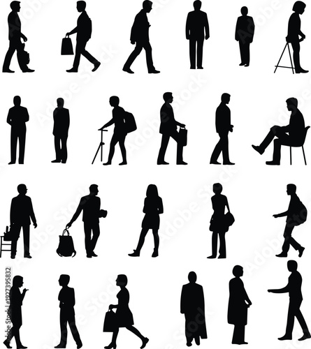Collection of twenty diverse human silhouettes showing walking, standing, sitting, carrying bags, mobility actions, lifestyle poses, everyday activities