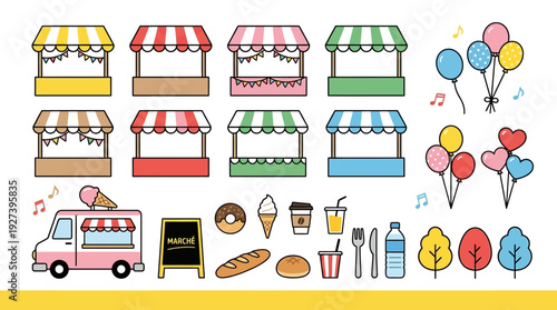 Charming Market Stalls, Food Truck & Festive Fair Elements Vector Set. Perfect for Festivals, Food & Drink Concepts, and Events.