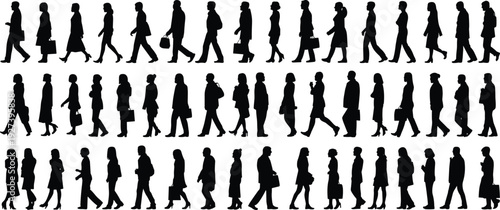 Collection of walking people silhouettes in urban lifestyle poses, carrying bags, diverse human figures, business movement, pedestrian activity vector illustration