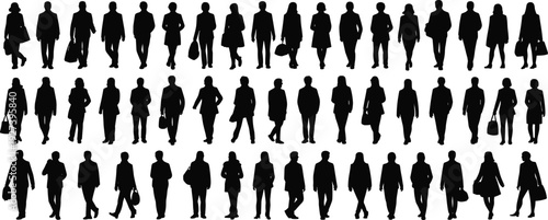 Fifty business people silhouettes in diverse poses, standing, walking, carrying briefcases, urban lifestyle, corporate posture, professional activity vector illustration