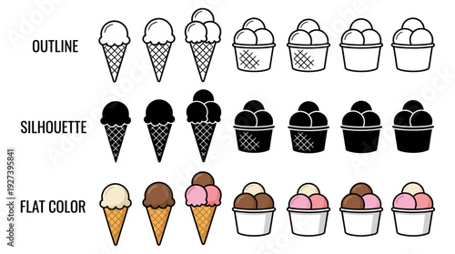 Ice Cream Cone and Cup Icon Set: Outline, Silhouette, and Flat Color Sweet Treats Vector Collection