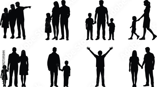 Nine family group silhouettes of adults and children, diverse parenting poses, lifestyle activities, family dynamics, everyday relationships vector illustration design