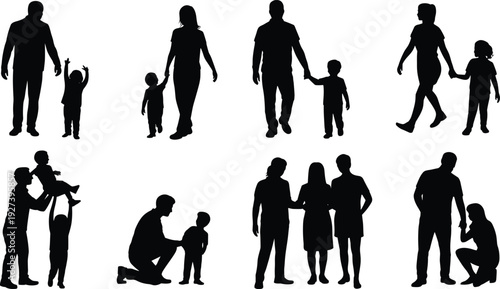 Nine silhouettes of adults interacting with children, parenting poses, family care, guidance, lifestyle activities, everyday relationships vector illustration design