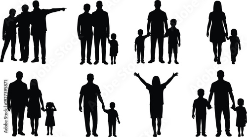 Silhouette family group icons showing parents and children together in various poses, depicting love, unity, parenting, and relationships