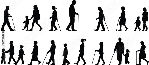 Silhouette illustration of diverse people walking including children, adults, and elderly figures showing human mobility across life stages