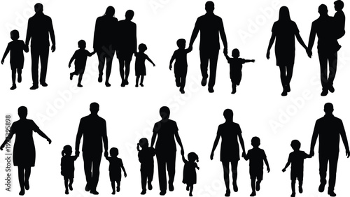 Silhouette vector illustration of diverse family groups walking together, adults and children, parenting, caregiving, bonding, urban lifestyle movement poses