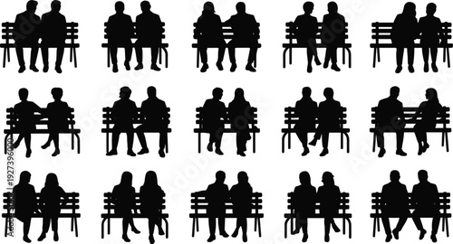 Twenty pairs of people silhouettes sitting on benches, diverse postures, social interaction, lifestyle poses, everyday activity vector illustration design