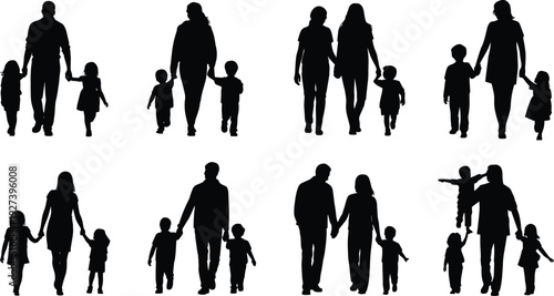 Ten family silhouettes of adults walking with children, diverse parenting poses, community lifestyle, family dynamics, everyday activity vector illustration