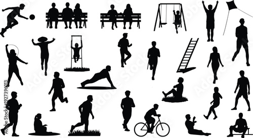 Vector silhouettes of people enjoying outdoor activities including sports, leisure, fitness, cycling, dancing, and recreation in diverse poses