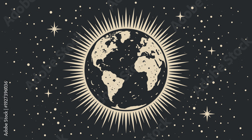 Retro Mystical Planet Earth with Celestial Rays and Starry Sky - Vintage Esoteric Design
