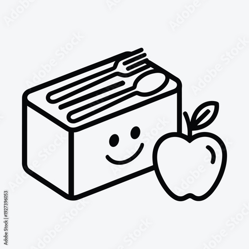 Smiling lunchbox with utensils and fresh apple healthy snack time