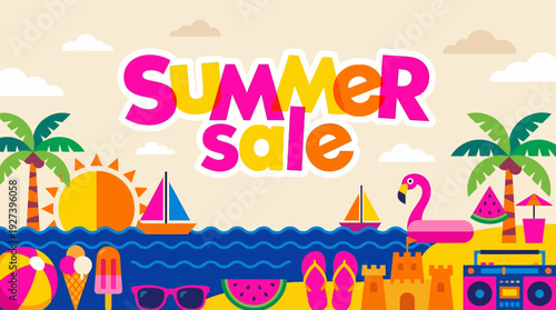 Bright Summer Sale Banner Illustration with Beach Scene, Palm Trees, Ocean, Sandcastle, and Tropical Fun
