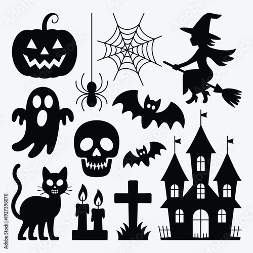 Spooky Halloween elements collection with witch and haunted house