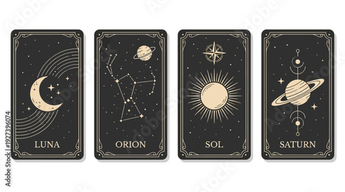 Mystical Celestial Tarot Cards Set - Luna, Sol, Orion, Saturn - Astrology & Divination Symbols