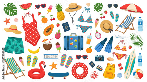Summer Vacation & Beach Holiday Essentials Flat Lay Collection: Travel Items, Tropical Fruits, Swimwear & Accessories Set