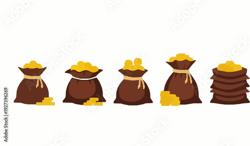 Gold Coin Moneybag Vector Collection with Cloth Pouch Stages for Wealth, Profit, and Financial Success