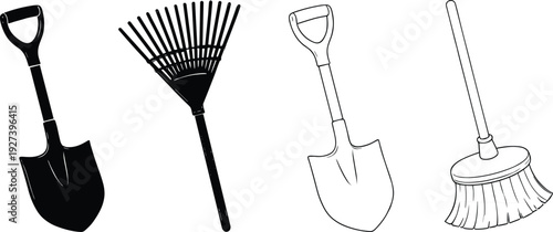 Vector Icon Set Featuring Gardening and Cleaning Tools Including Shovels Leaf Rake and Broom in Both Solid Black Silhouette and Linear Outline Style