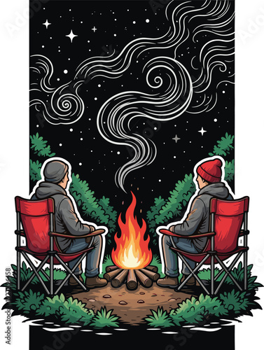 Vector Illustration of Two Campers Sitting in Chairs Around a Bright Campfire Under a Starry Night Sky with Swirling Smoke and Evergreen Trees