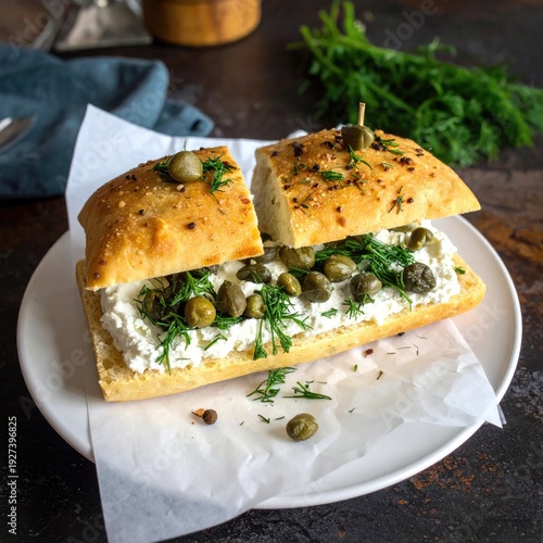 Open sandwich with cheese, capers, and dill on a white plate