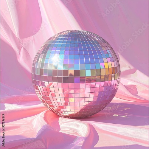 Reflective sphere on pink fabric, shimmering light effect