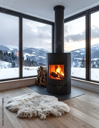 Modern fireplace in a room, offering mountain views, with cozy ambiance