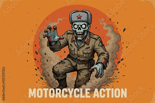 Vintage Military Zombie Soldier Illustration with Undead Army Officer Character in Retro Comic Style for Halloween Horror Action and Post Apocalyptic War Concept