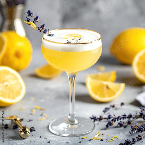 Lemon cocktail garnished with lavender, surrounded by lemons