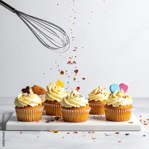 Cupcakes being decorated with colorful sprinkles; a whisk in action