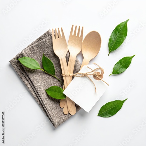 Wooden cutlery set with tag, cloth and leaves on white