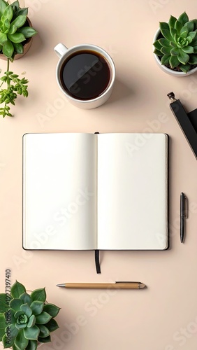Open blank notebook with coffee, pens, and plants on a beige surface