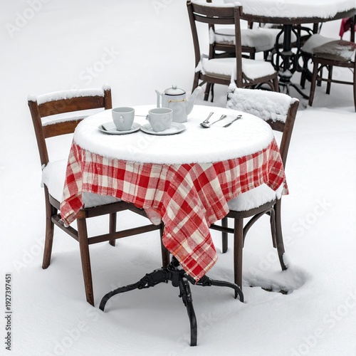 A snowy outdoor cafe table set with tea things