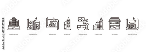 Apartment Complex Layout Banner Illustration Featuring Modern Apartment Building, Residential Complex Plan, Urban Housing Project, High Rise Apartment, Contemporary Living Space, City Residential