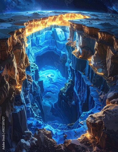 Deep blue chasm glowing at the opening, dark surface