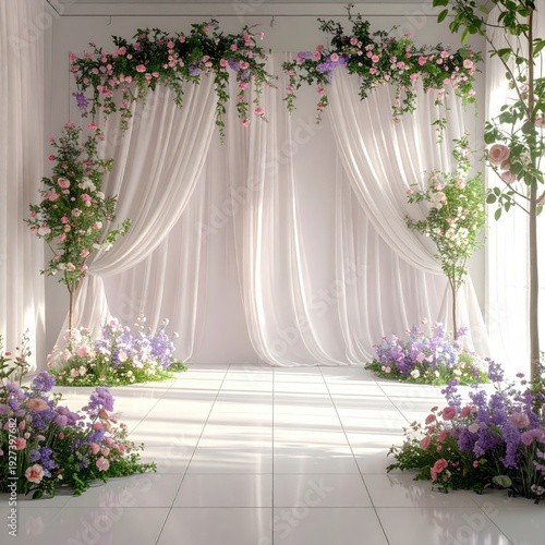 Elegant draped white curtains, florals, and soft light create a dreamy space