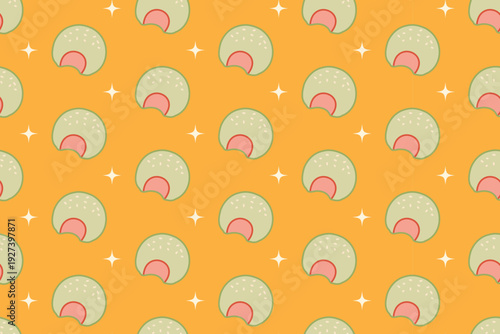 Matcha mochi cookie with light colorful seamless pattern on yellow background for merchandise. Japanese rice cake cartoon pattern background. Green tea cookie mochi isolated illustration motif
