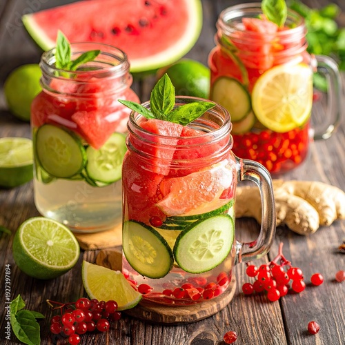 Refreshing infused water with fruits, vegetables, and herbs in jars