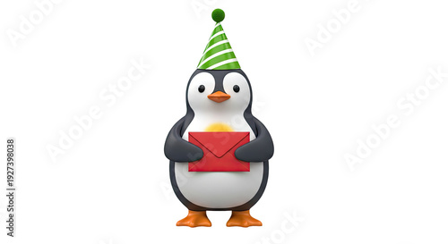 3D Cartoon Penguin Wearing Party Hat Holding Red Envelope