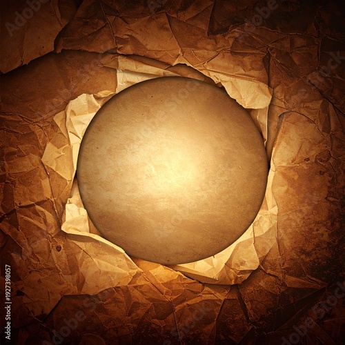 Textured image crumpled paper surrounding a glowing, circular form