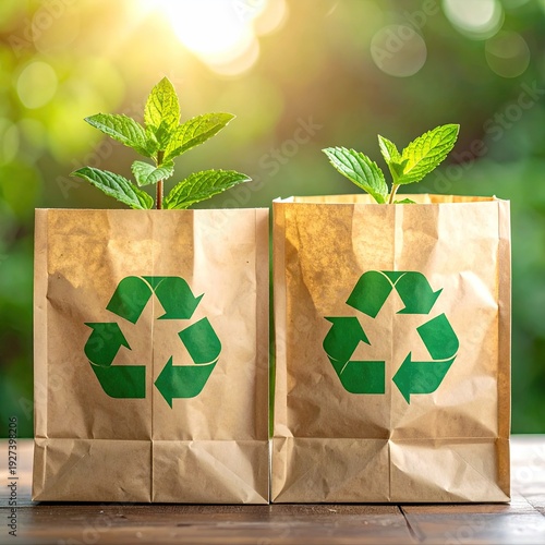 Two paper bags with recycle symbols hold growing plants; sustainability