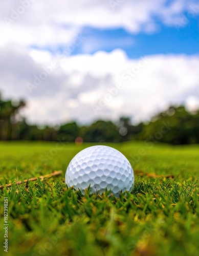Close-up of a golf ball nestled in green grass with a cloudy sky