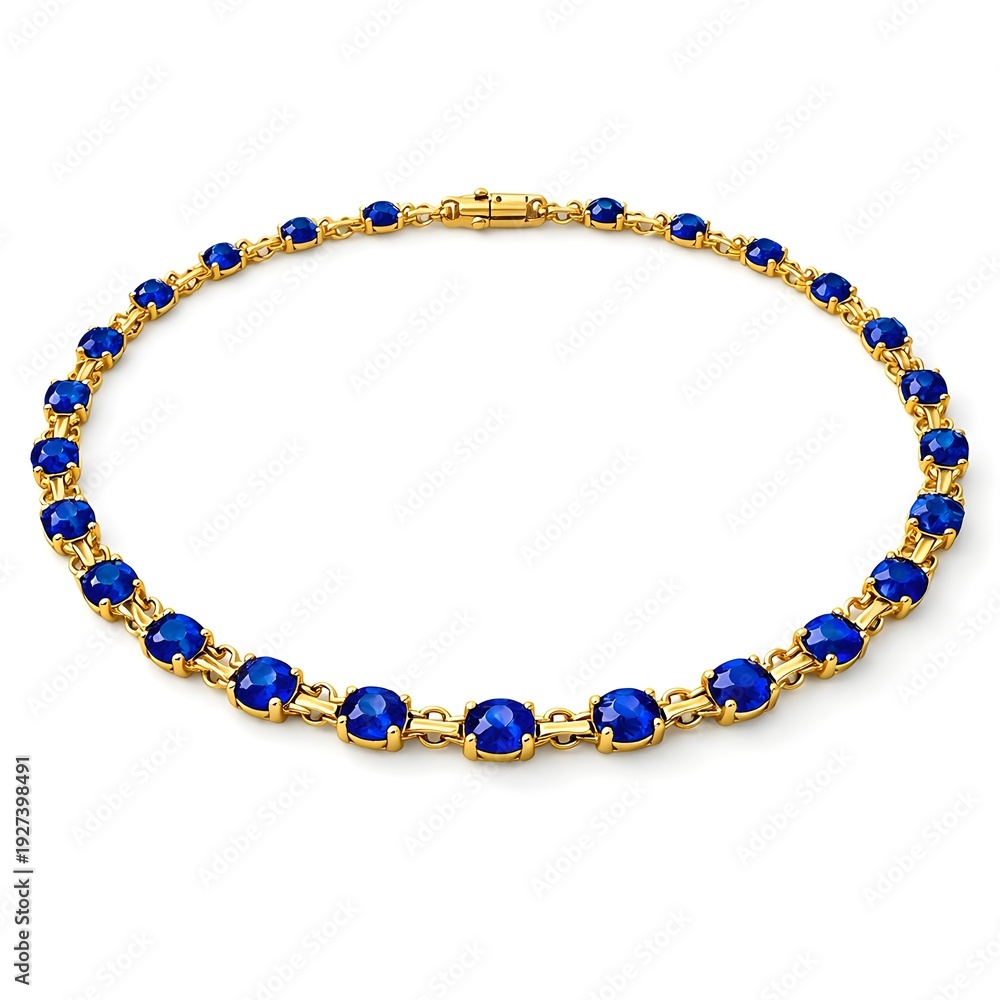 Obraz premium Complete Gold Necklace With Elegant Sapphire Accents Along The Whole Chain On Clean White Backdrop