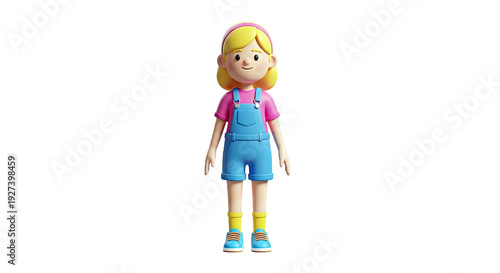 3D cartoon girl wearing pink shirt and blue overalls