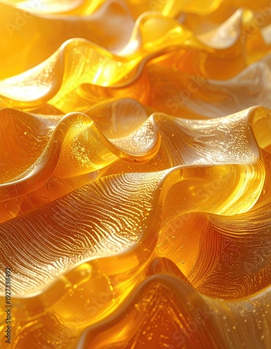 Close-up of undulating golden transparent material, sunlit with waves