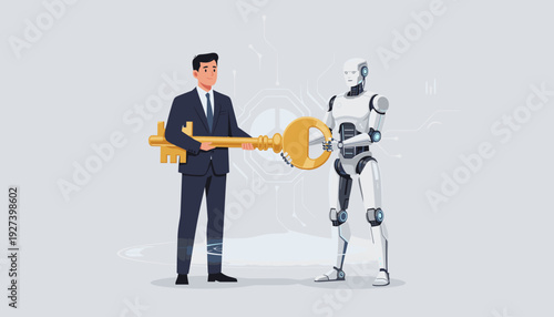 Businessman and Robot Holding a Large Golden Key Together, Symbolizing the Synergy of Human Intelligence and Artificial Intelligence for Business Success, Innovation, and Unlocking Future Growth