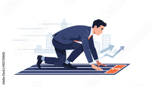 Businessman in formal suit at the starting line ready to run, concept of career start, professional growth, business competition, and ambition with city skyline and growth arrows background